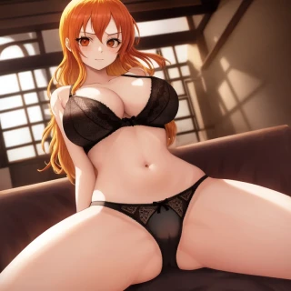 Spread legs, Indoor, Anime style, One Piece Nami, Pants